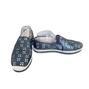 Michael Kors Black Leather Laser Cut Floral Espadrille Platform Slip On Shoes